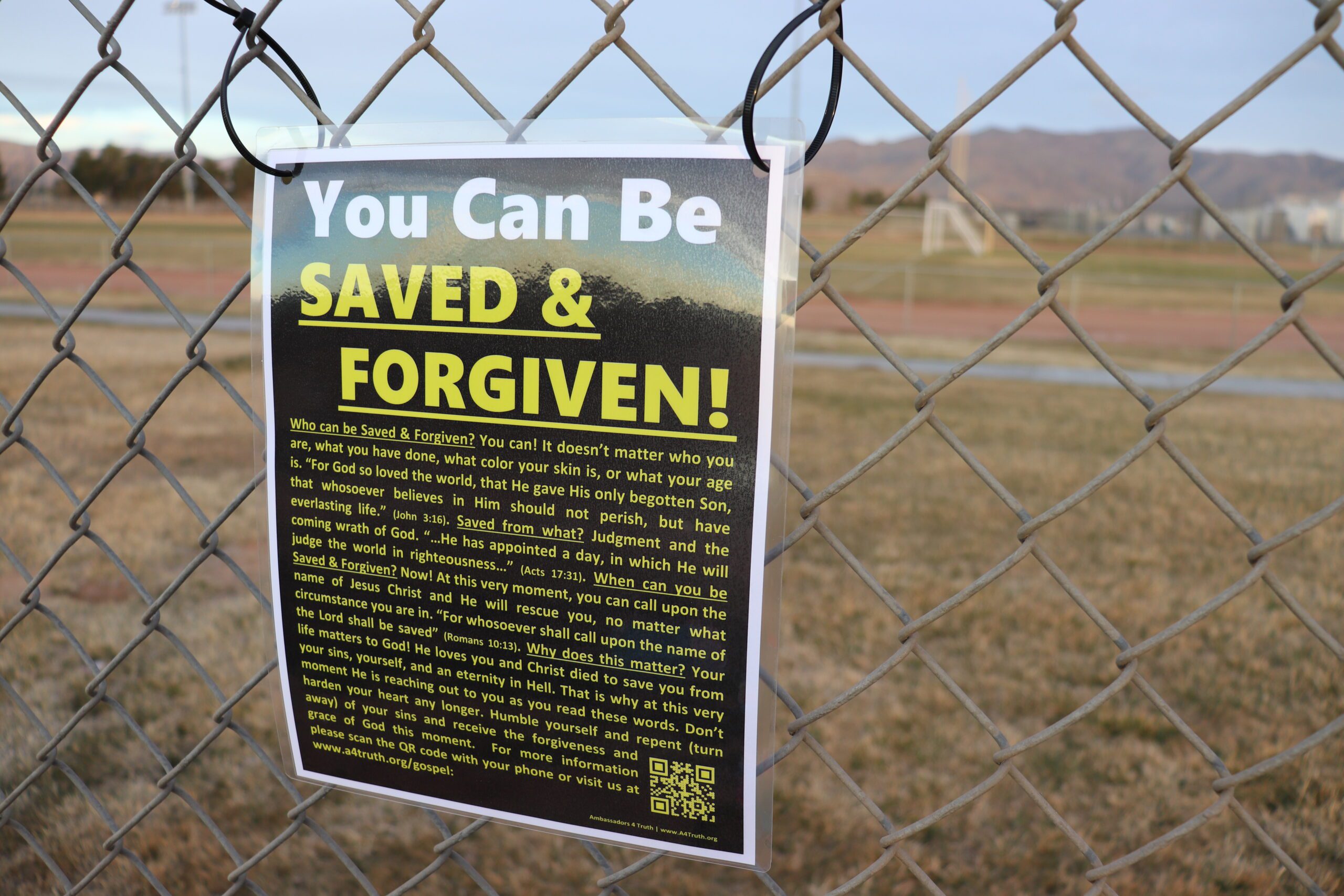 Street Evangelism Sign_You Can Be Saved & Forgiven_Zip Tied